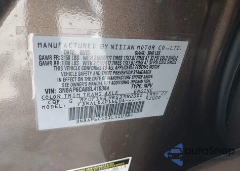 2025 Nissan Kicks Sv Fwd из США, поврежденный, VIN 3N8AP6CA8SL410384